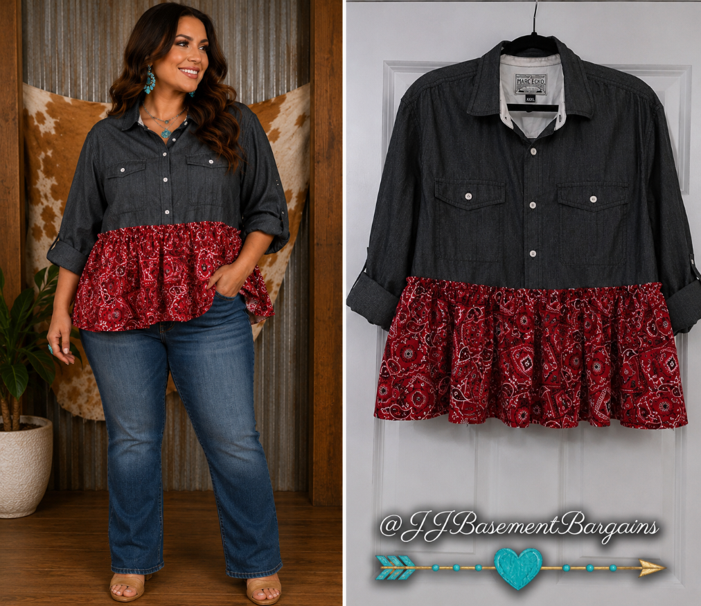 Upcycled Charcoal Button-Up Red Bandana Paisley Peplum Top